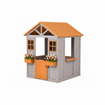 Wooden Kids Playhouse with Play Kitchen, Half Door Windows, Flowerpot Holders, Toys Playset for Backyard Play (Brown and Grey)