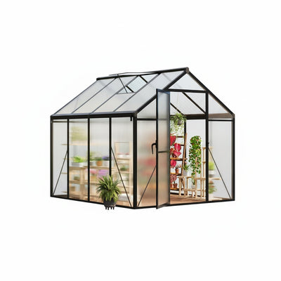 6X8 FT Greenhouse for Outdoors, Polycarbonate Greenhouse with Roof Vent, Ground Nails, Lockable Push Door, Aluminum Large Walk-In Green House for outside Garden Backyard, Patio, Lawn, Black