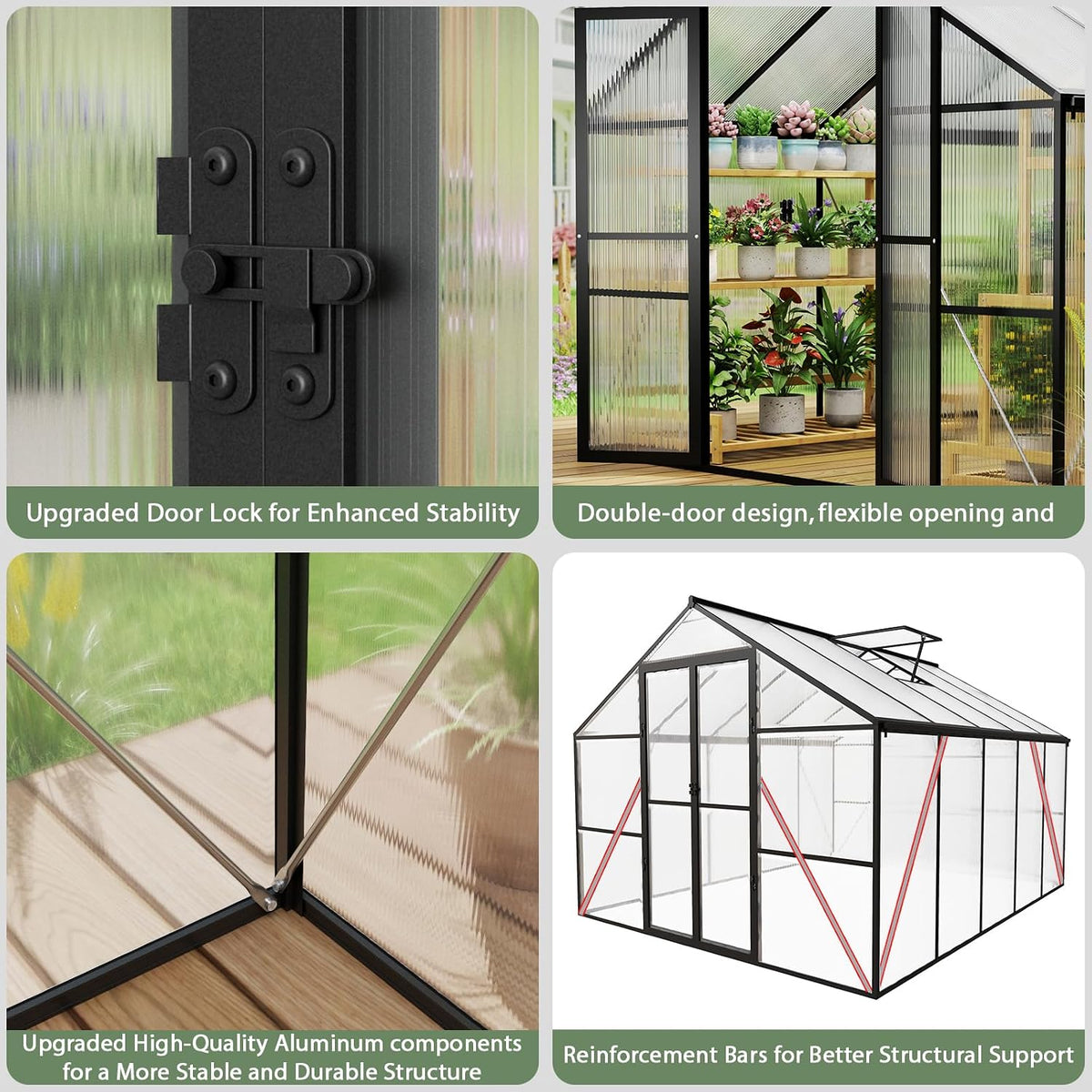 8 X 12 FT Outdoor Greenhouse, Heavy-Duty Polycarbonate Greenhouse with Aluminum Frame, Lockable Door, Adjustable Roof Vent, Walk-In Green House for Backyard, Garden, Patio
