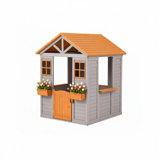 Wooden Kids Playhouse with Play Kitchen, Half Door Windows, Flowerpot Holders, Toys Playset for Backyard Play (Brown and Grey)