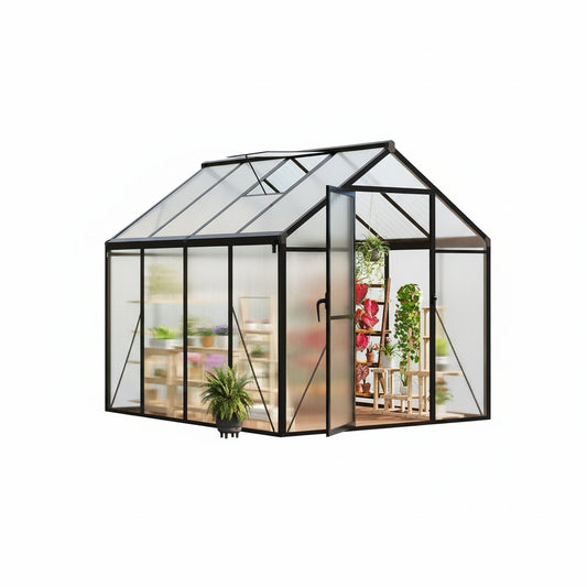 6X8 FT Greenhouse for Outdoors, Polycarbonate Greenhouse with Roof Vent, Ground Nails, Lockable Push Door, Aluminum Large Walk-In Green House for outside Garden Backyard, Patio, Lawn, Black