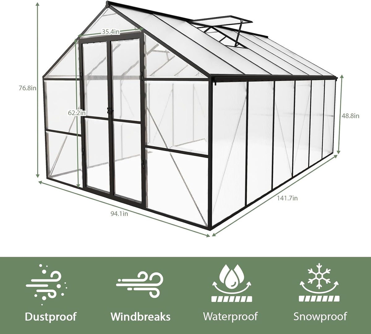 8 X 12 FT Outdoor Greenhouse, Heavy-Duty Polycarbonate Greenhouse with Aluminum Frame, Lockable Door, Adjustable Roof Vent, Walk-In Green House for Backyard, Garden, Patio
