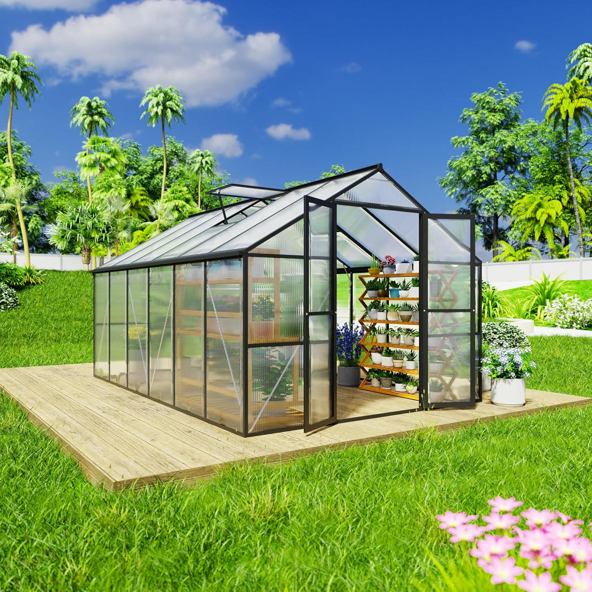 8 X 12 FT Outdoor Greenhouse, Heavy-Duty Polycarbonate Greenhouse with Aluminum Frame, Lockable Door, Adjustable Roof Vent, Walk-In Green House for Backyard, Garden, Patio
