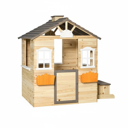 Wooden Kids Indoor, Outdoor Wood Playhouse with Working Door, Windows, Bench, Service Station, Flowers Pot Holder