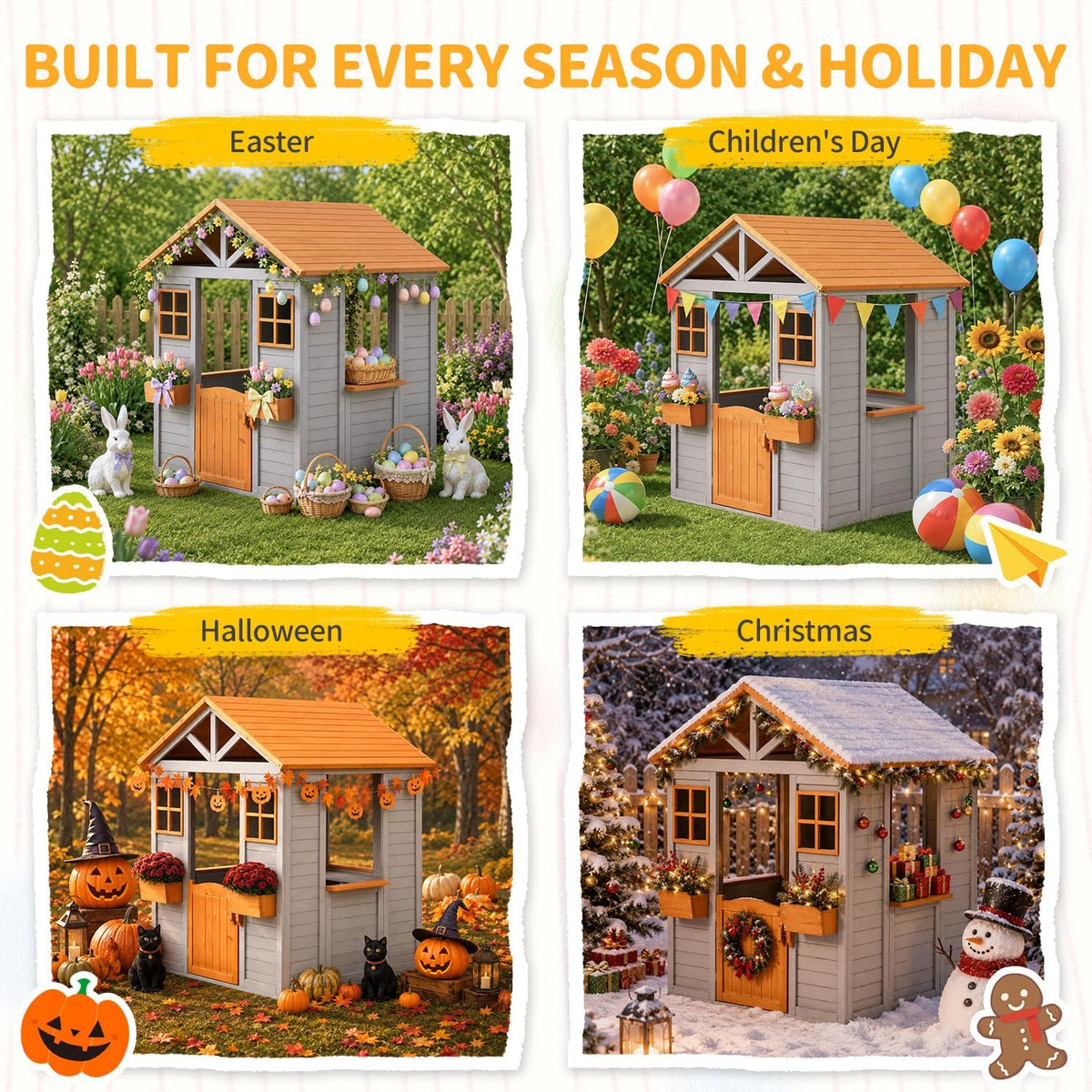 Wooden Kids Playhouse with Play Kitchen, Half Door Windows, Flowerpot Holders, Toys Playset for Backyard Play (Brown and Grey)