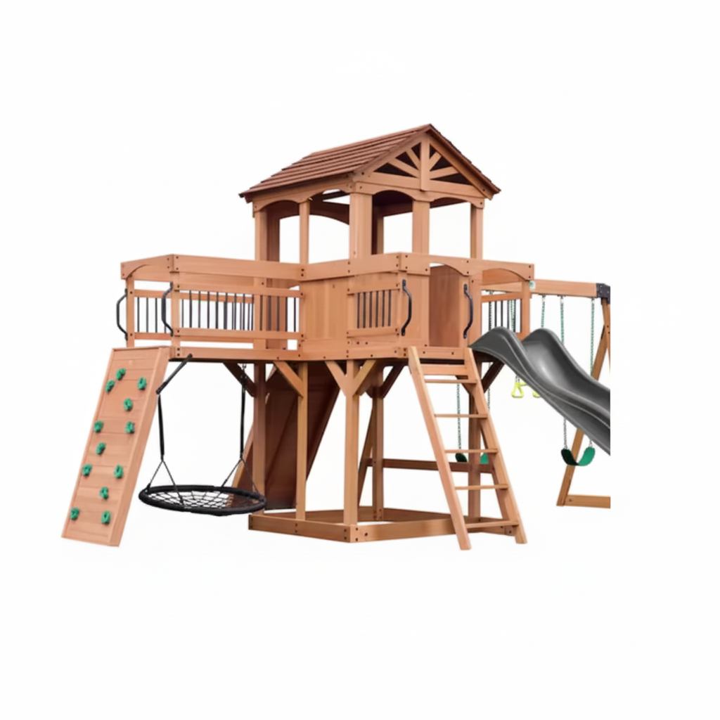 Outdoor Playground Set W/ Elevated Clubhouse, Balcony, Web Swing, Swing Set, and Green Wave Slide