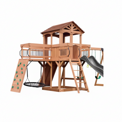 Outdoor Playground Set W/ Elevated Clubhouse, Balcony, Web Swing, Swing Set, and Green Wave Slide