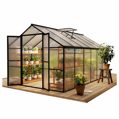 8 X 12 FT Outdoor Greenhouse, Heavy-Duty Polycarbonate Greenhouse with Aluminum Frame, Lockable Door, Adjustable Roof Vent, Walk-In Green House for Backyard, Garden, Patio
