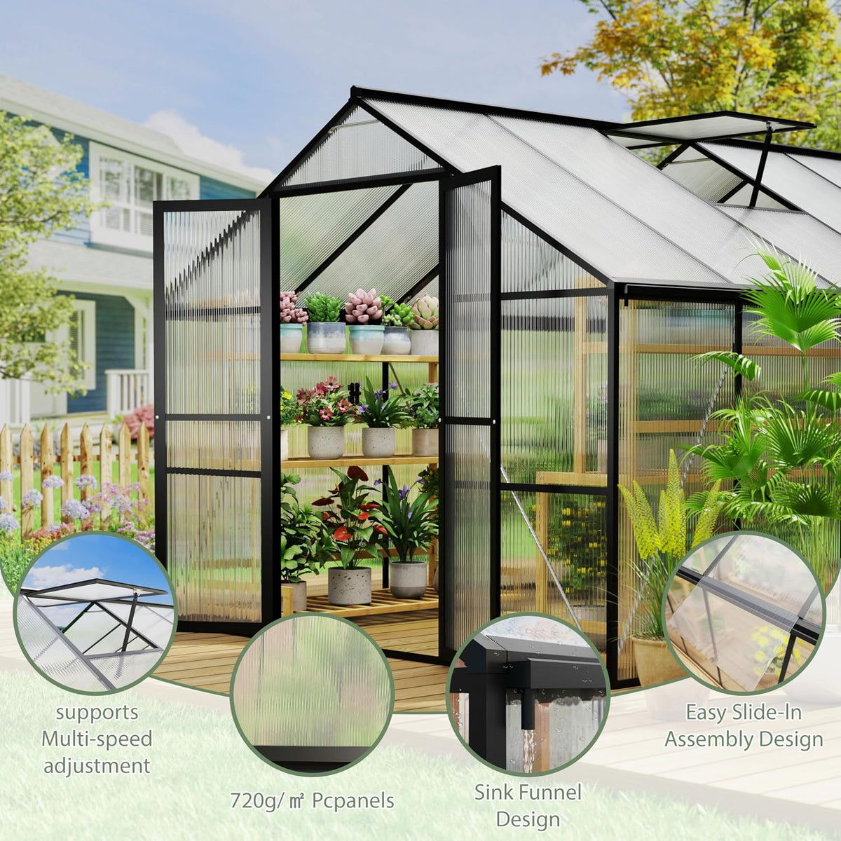 8 X 12 FT Outdoor Greenhouse, Heavy-Duty Polycarbonate Greenhouse with Aluminum Frame, Lockable Door, Adjustable Roof Vent, Walk-In Green House for Backyard, Garden, Patio