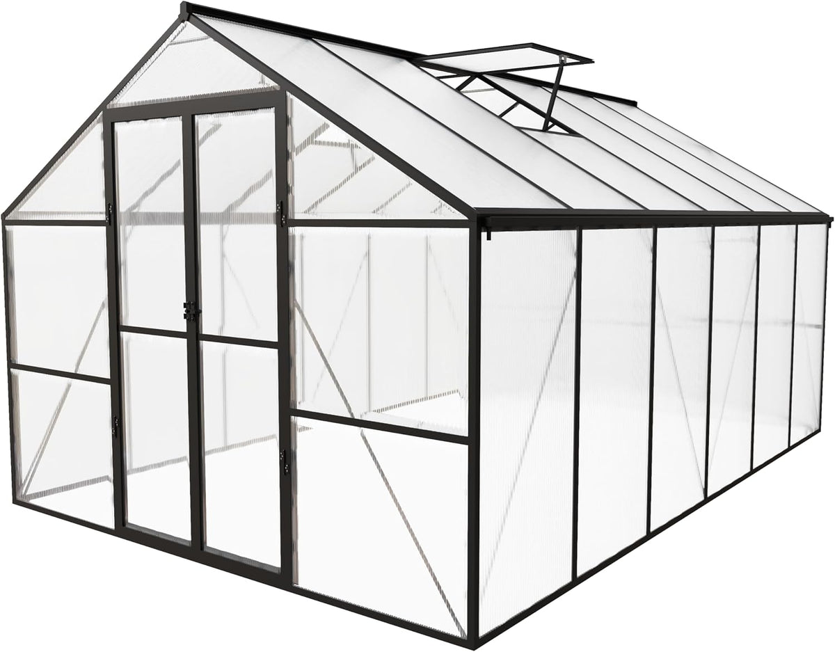 8 X 12 FT Outdoor Greenhouse, Heavy-Duty Polycarbonate Greenhouse with Aluminum Frame, Lockable Door, Adjustable Roof Vent, Walk-In Green House for Backyard, Garden, Patio