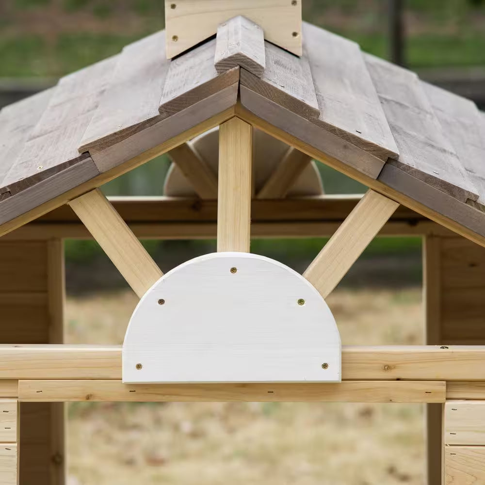 Wooden Kids Indoor, Outdoor Wood Playhouse with Working Door, Windows, Bench, Service Station, Flowers Pot Holder